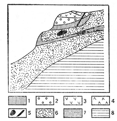 Рис. 7. Геологическая интерпретация фото рис. 6. 1-4 - андезито-базальтовый интрузив (1 - зона со столбчатой отдельностью и жеодами агата, 2 - крупноглыбовая зона с жеодами цеолитов, 3 - мелкоглыбовая зона с мелкими жеодами, 4 - пористый цеолитизированный андезито-базальт); 5 - жилка с датолитом и выход породы с пренитом; 6 - осыпь щебня; 7-8 - туф (7 - плотный, 8 - мелкослоистый)