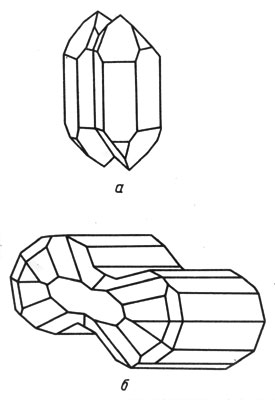 Рис. 10. Сдвойникованные кристаллы кварца (а) и тридимита (б)