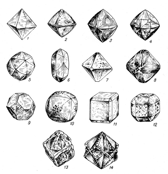 Рис. 3. Зарисовки природных кристаллов алмаза (по А. Е. Ферсману) [10]. Отчетливо видны различные стадии превращения плоскогранных октаэдров (1, 2) через переходные формы - октаэдры-додекаэдроиды (3, 4) - в типичные додекаэдроиды (5, 6). То же для комбинационных кристаллов кубооктаэдрического облика, исходные плоскогранные формы которых, характеризуются преобладанием (7, 8) примерно равным (9, 10) и подчиненным развитием (11, 12) граней октаэдра. Закономерные крестовидные прорастания (двойники) кубических кристаллов (13, 14).