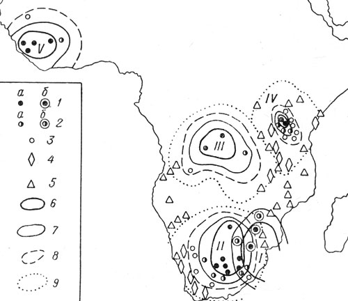 Рис. 24. Схема геолого-генетического районирования кимберлитовых провинций Южной и Экваториальной Африки. Провинции: I - Трансваальская, II - Калахарийская, III - Конголезская, IV - Танзанийская, V - Либерийская. Поля кимберлитов фанерозойского {а) и протерозойского (б) возраста: 1 - алмазной субфации; 2 - совместного развития алмазной и пироповой субфаций; 3 - пироповой субфации фанерозойского возраста; 4 - никритовых пород фанерозойского возраста; 5 - участки распространения щелочно-ультраосновных пород фанерозойского возраста; границы зон кимберлитов субфаций: 6 - алмазной, 7 - алмазной и пироповой, 8 - пироповой, 9 - пикритовых пород