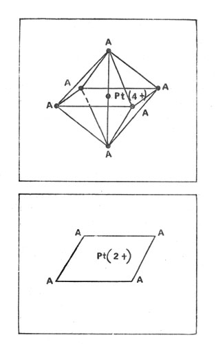 Схема строения платиновых комплексов (буквой А обозначены лиганды)