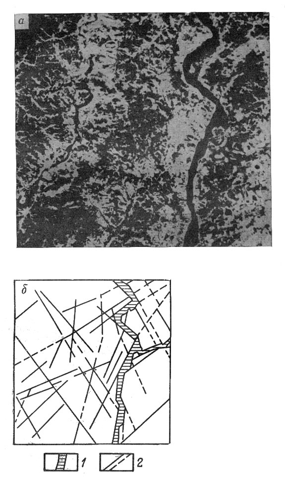 Рис. 7. Сканерное изображение Нижнего Поволжья, полученное с американского спутника 'Ландсэт-1' (а) и схема разломов этого района (б), отдешифрированных по космическому снимку (упрощено). 1 - пойма Волги; 2 - разломы, хорошо и слабо выраженные.