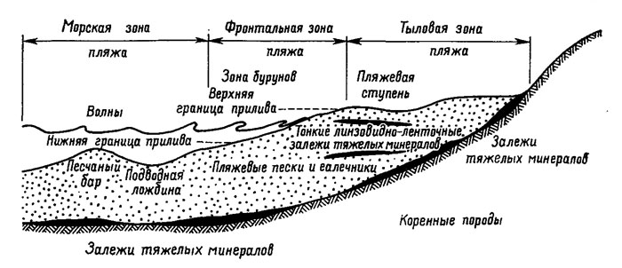 Рис. 1. Обобщенный профиль морского пляжа; показаны участки, благоприятные для накопления тяжелых минералов.