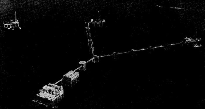 Рис. 29. Эксплуатационная установка Гранд-Айл ('Фрипорт салфер компани'), смонтированная в море на стальном острове.