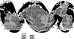Рис. 34. Распределение донных осадков Мирового океана. 1 - терригенные отложения; 2 - известковые илы; 3 - красные глины; 4, 5 - кремнистые илы; радиоляриевые (4) и диатомовые (5).