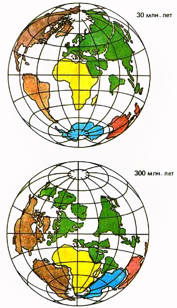 Перемещение континентальных блоков. Реконструкция расположения материков в карбоне (300 млн. лет назад) и в палеогене (30 млн. лет назад)