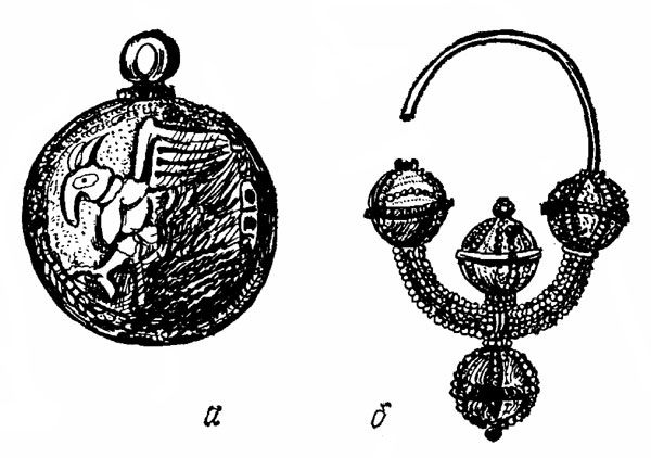 Рис. 1. Золотая пуговица (а) и сережка (б). Поганско под Бржецлавом, из могилы у первого костела