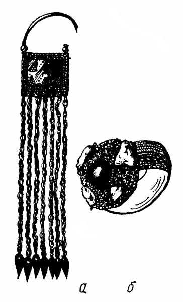 Рис. 2. Серебряная позолоченная сережка с цепочками (а) и перстень (б). Поганско под Бржецлавом
