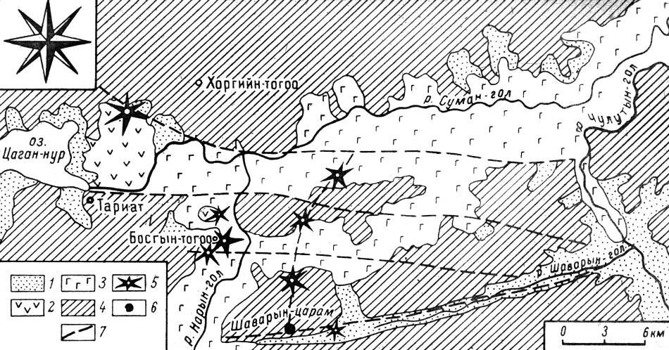 Рис. 2. Схема геологического строения Тариатской впадины. 1 - рыхлые четвертичные отложения; 2 - голоценозые базальгы; 3 - плейстоценовые базальты; 4 - кристаллические породы фундамента; 5 - вулканы; 6 - пиропоносный некк; 7 - разломы