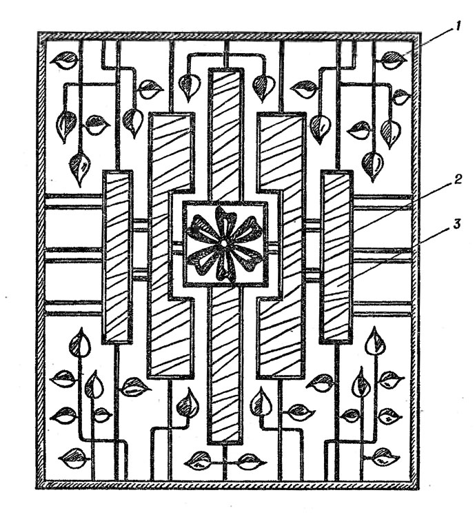 Рис. 146. Композиция со вставками из стекла: 1 - кованая сталь; 2 - рама из уголка; 3 - стекло