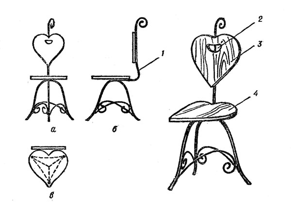 Рис. 150. Изготовление стула: а - вид спереди; б - вид сбоку: в - вид сверху; 1 - металл; 2 - отверстие; 3, 4 - деревянные элементы
