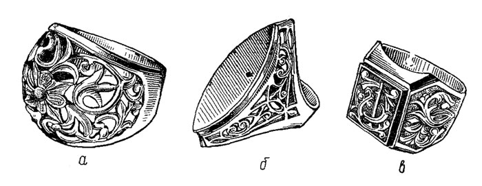 Рис. 47. Кольца ажурные без камней: а - бухтарованное, б - с ажурными боковыми гранями, в - с накладными ажурными элементами