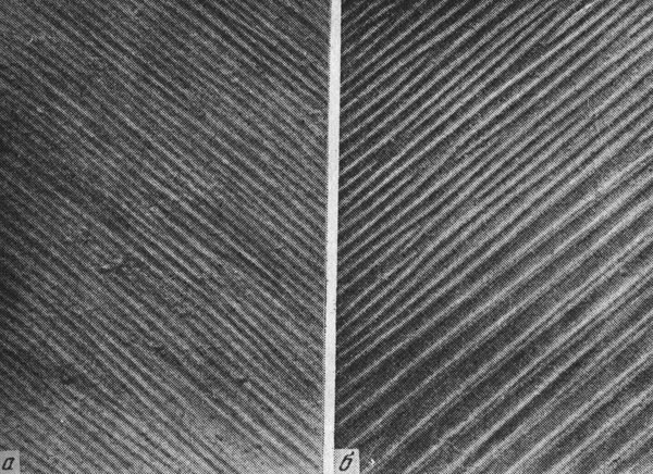 Строение кристаллов волынского лабрадора. Снимки сделаны под электронным микроскопом. а - увеличено в 7300 раз; б - в 9000 раз (по Н. К. Крамаренко, 1975)