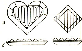 Рис. 5. Бриллиант огранки 'принцесса' сердцевидной и квадратной форм: а - вид сверху; б - вид сбоку