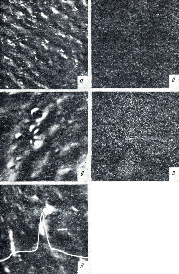 Рис. 78. Фотографии, полученные в электронном микроскопе, иллюстрирующие распределение легирующих добавок в нейзильбере МНЦ15-20: а, б - МНЦ15-20 + 0,7% Al(х500); в. г, д - МНЦ15-20+0,7% Sn(xl500)