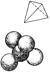 Рис. 3. Расположение атомов в кристалле алмаза (вверху-форма кристалла)