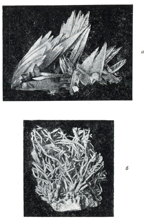 Рис. 24. Арагонит: а) кристаллы; б) 'железные цветы'